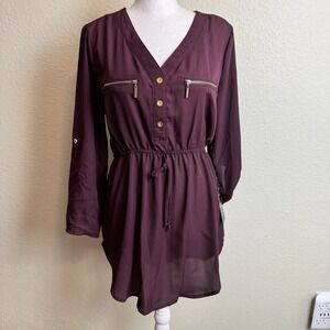 J for Justify NWT Women's Blouse Tunic Burgundy Roll Tab Sleeves Drawstring SZ M